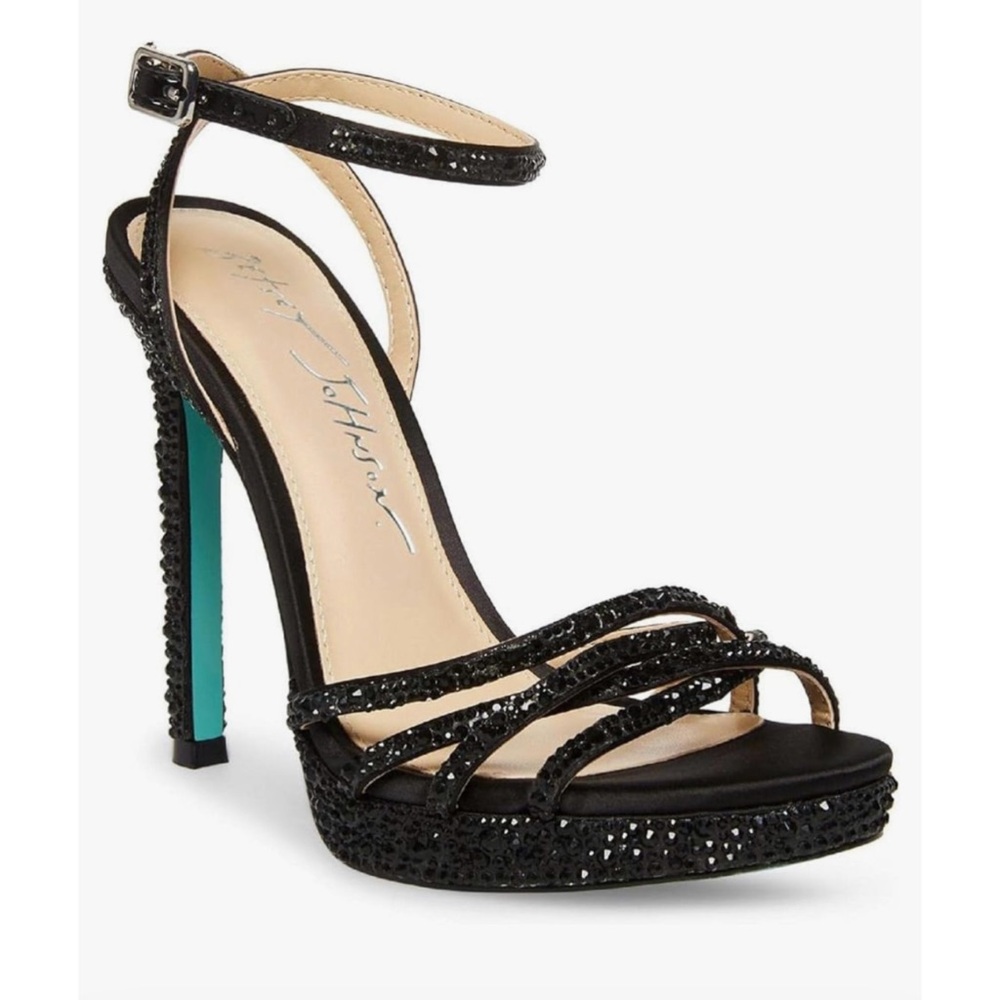 Betsey Johnson Black Glitter Strappy Platform Heel with Teal Sole